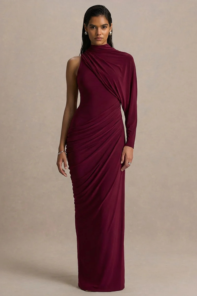 Aphra  Burgundy High-Neck Maxi Dress With Cape-Sleeve | Club L London