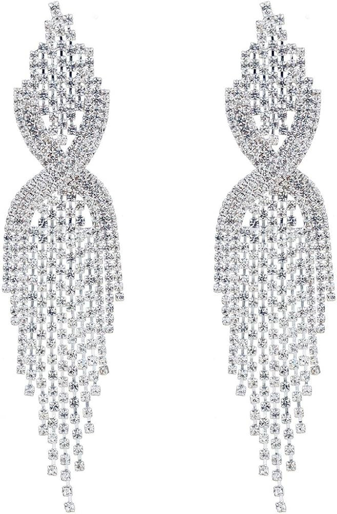 CHRAN Silver Teardrop Crystal Long Tassels Dangle Earrings Sparkling Rhinestone Ladies Gifts | Amazon (US)