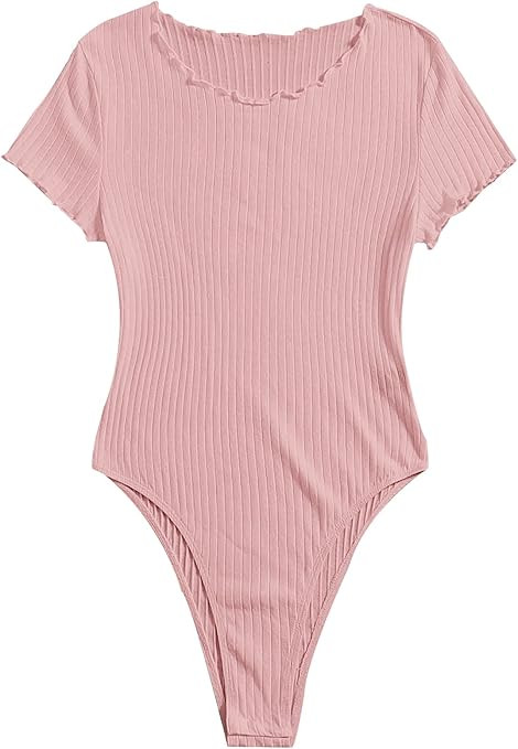 Romwe Women's Ribbed Knit Short Sleeve Crew Nekc Basic T Shirt Bodysuit | Amazon (US)