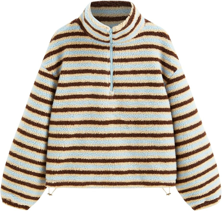 CIDER Fleece Stripe Stand Collar Drawstring Half Zip Oversized Sweatshirt | Amazon (US)