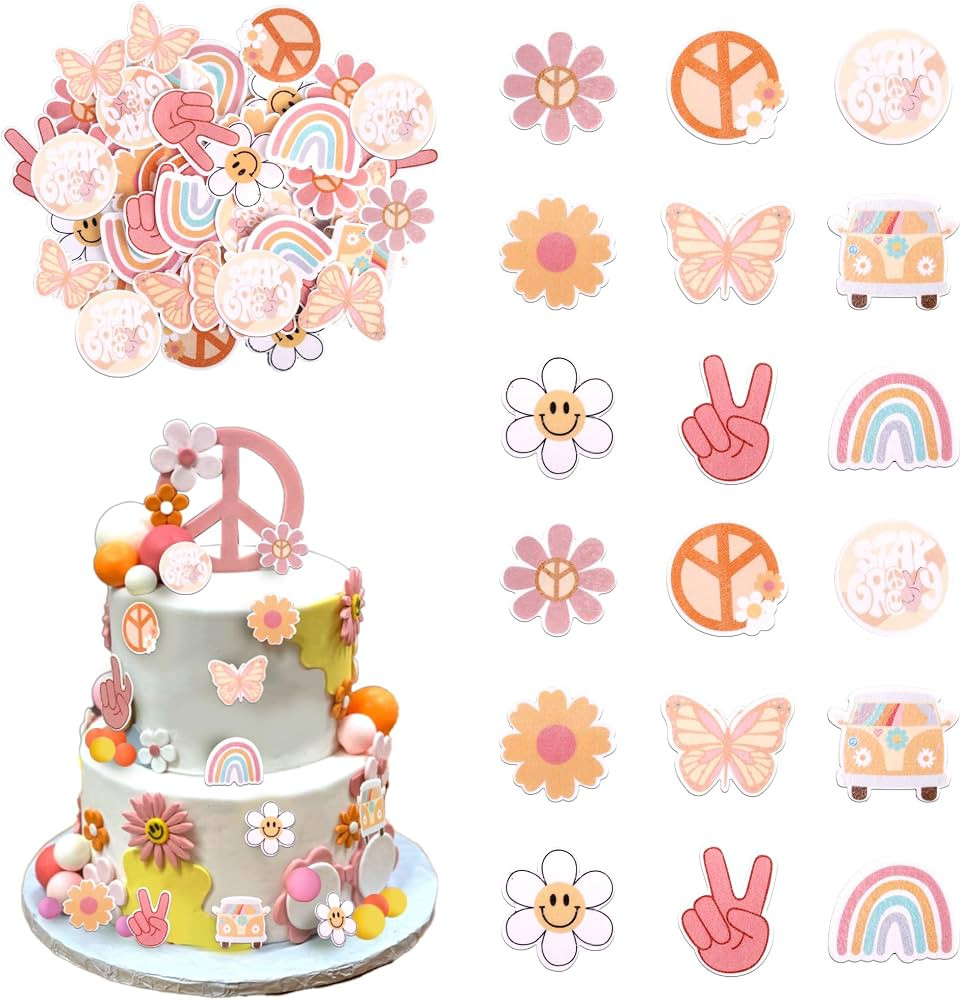 63 PCS Edible Hippie Party Cupcake Toppers Peace Sign Hand Butterfly Two Groovy Cupcake Picks Das... | Amazon (US)