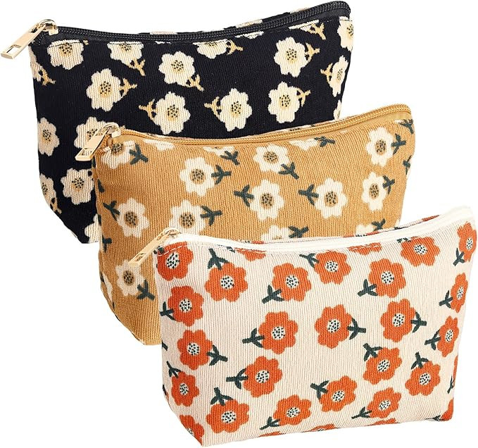Photect 3 Pcs Floral Makeup Bag for Purse Small Cosmetic Bag Corduroy Canvas Pouch Mini Toiletry ... | Amazon (US)