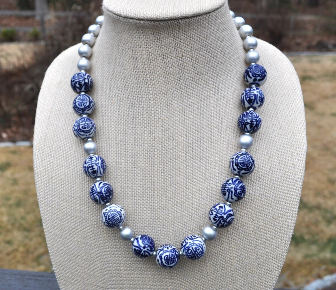 Chinoiserie Ginger Jar Blue White Silver Statement Necklace - Etsy | Etsy (US)