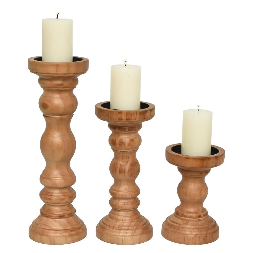 SWALLOWLIVING Rustic Farmhouse Wood Pillar Candle Holder Set of 3 for Candlestick, Brown | Amazon (US)