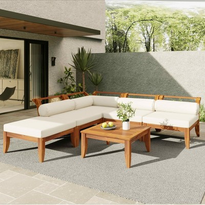 MAYEERTY 6 Pieces Patio Sofa Set Acacia Wood Modular Sectional Garden Furniture with Daybed Tea Table Ottoman 5 Cushions and Pillows Teak & Beige | Target