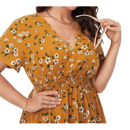 Women s Plus Boho V Neck Midi Dress Floral Short Sleeve A line Dress 0XL(12) Mustard Yellow | Walmart (US)