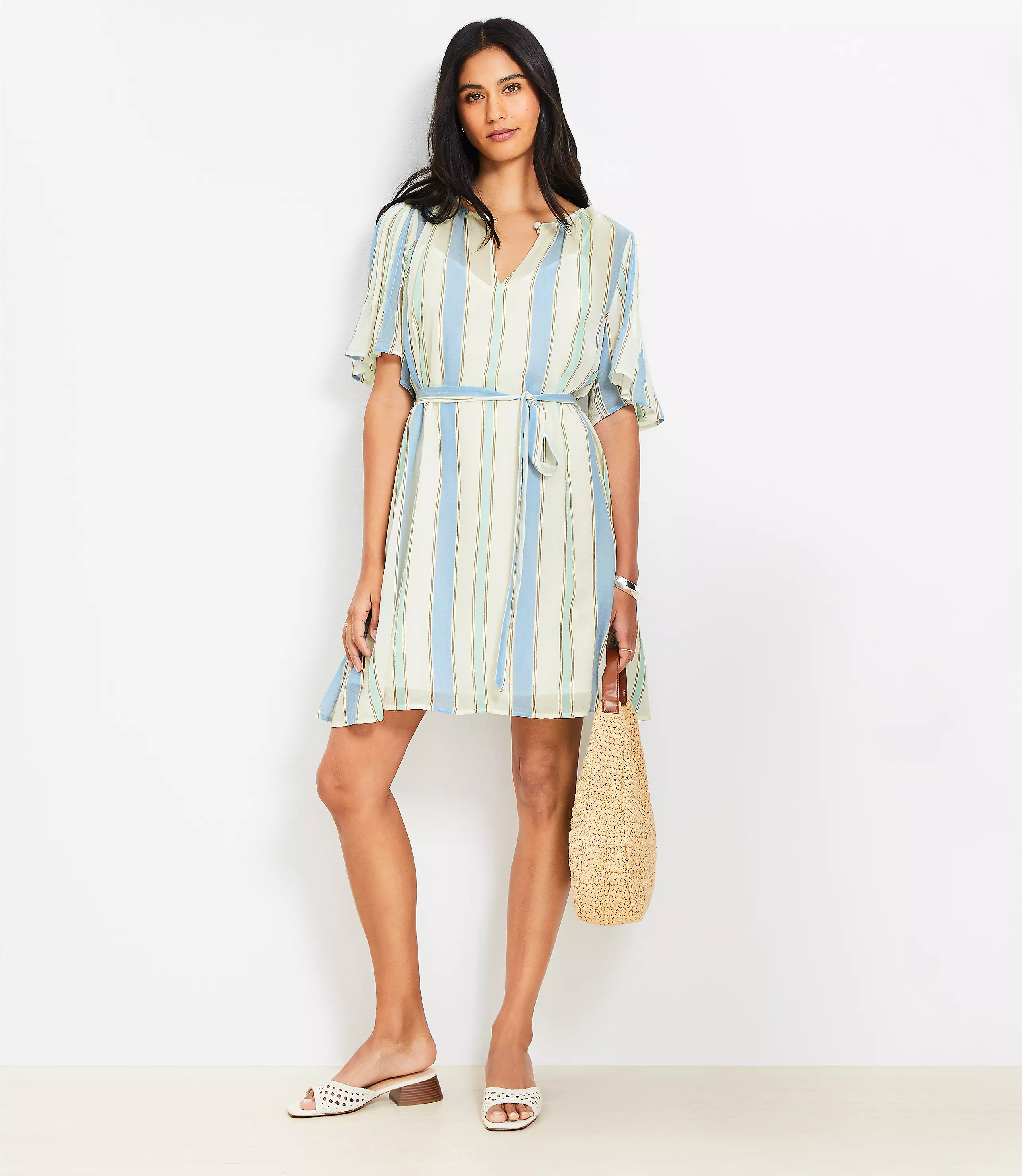 Striped Pintucked Sleeve Mini Dress | LOFT