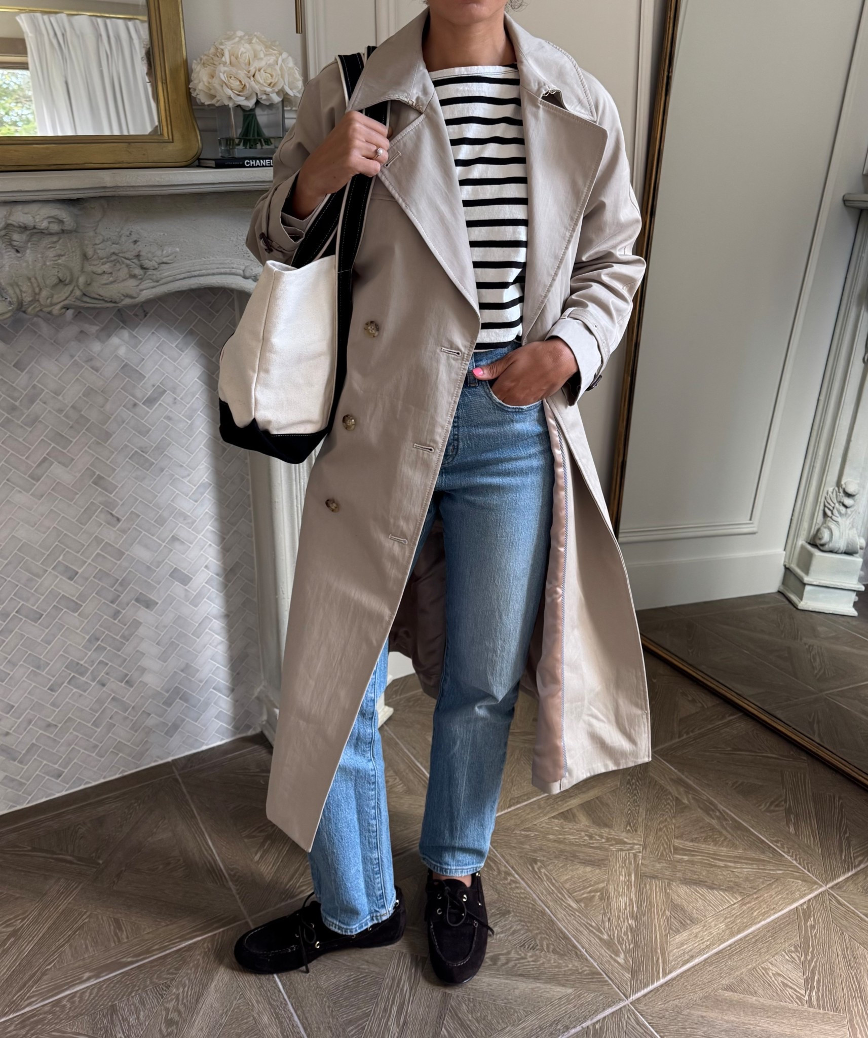 Spring outfit: Jeans, striped shirt, trench coat, boat tote, boat shoes 

#LTKSeasonal #LTKootd