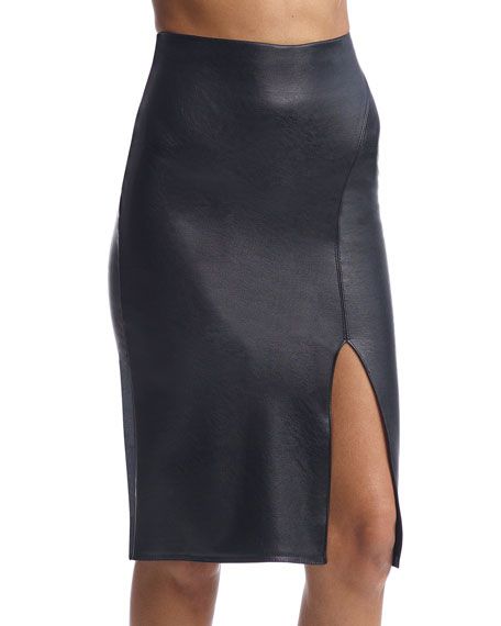 Faux-Leather Side-Slit Midi Pencil Skirt | Neiman Marcus