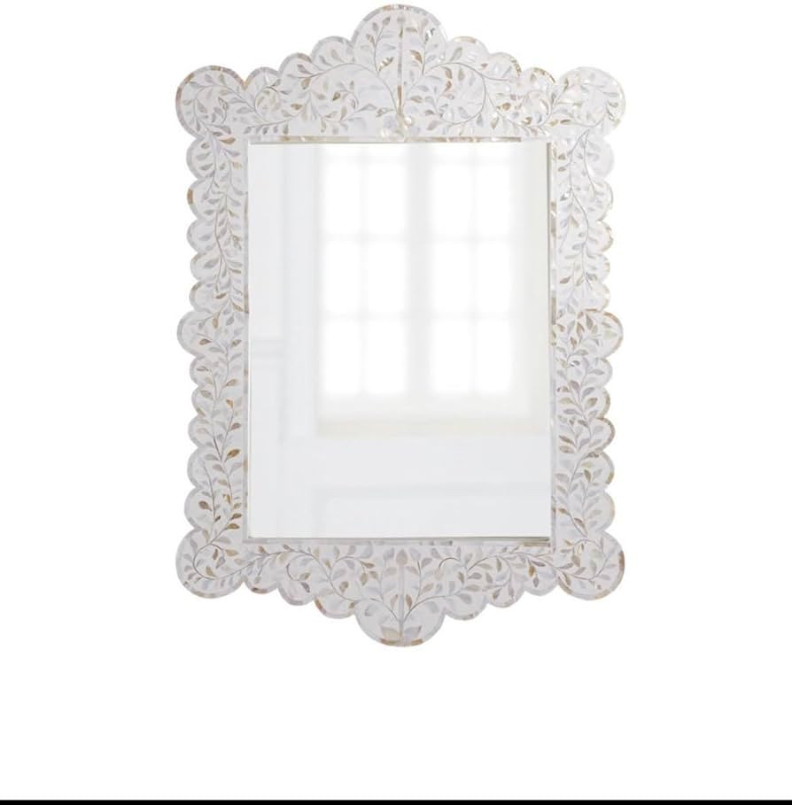 Hansa Industries Mirror Handcrafted Mother of Pearl Bone Inlay Wall Mounting Decorative Modern Aesthetic Rectangular Mirror with White Wooden Frame of Floral Pattern Centerpiece Home Decor (60x90 cm) | Amazon (US)