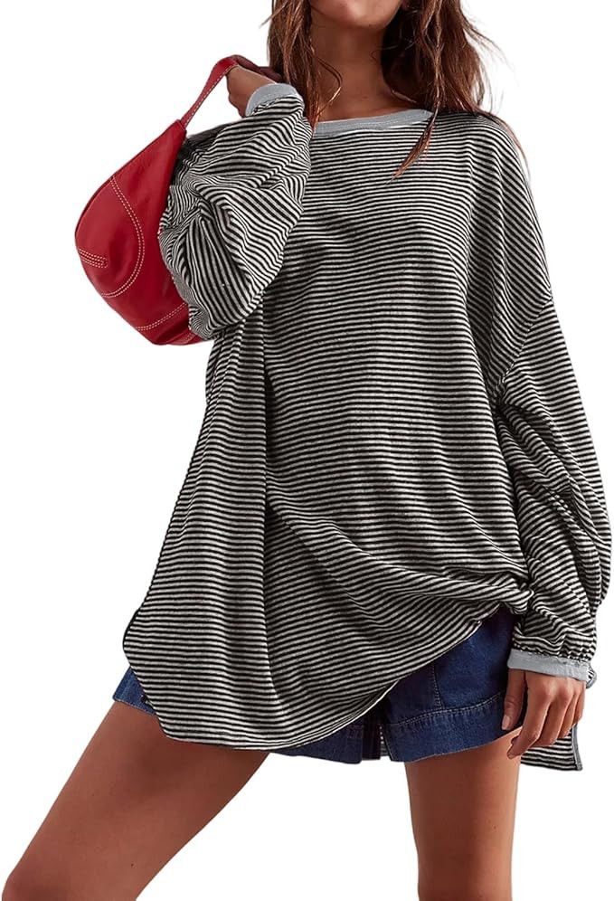 Womens Loose Fit Oversized Striped Baggy Knit Long Sleeve T Shirts Y2k Going Out Tee Cute Drop Sh... | Amazon (US)