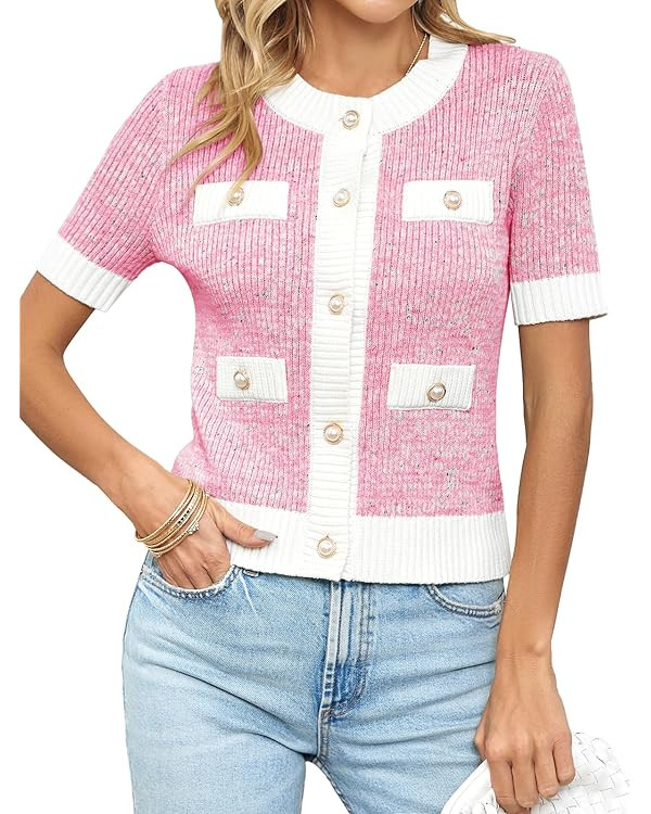 Langwyqu Womens Short Sleeve Button Down Cardigans Sweater Cropped Lightweight Crew Neck Elegant ... | Amazon (US)