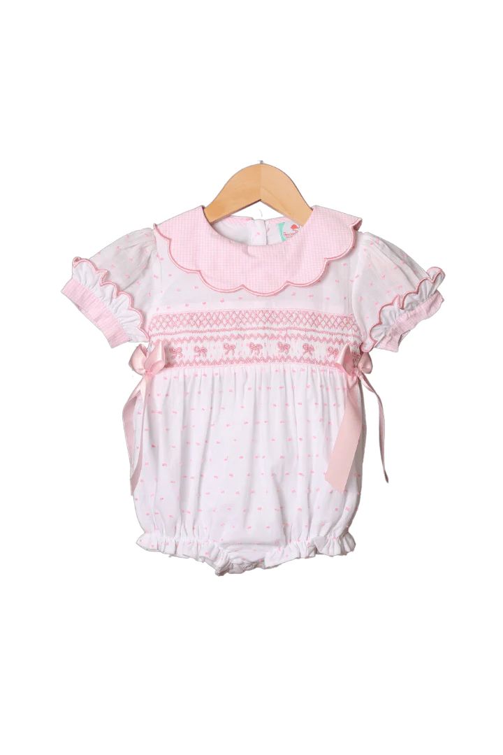 Smocked Heirloom White and Pink Swiss Dot Bow Bubble | The Smocked Flamingo