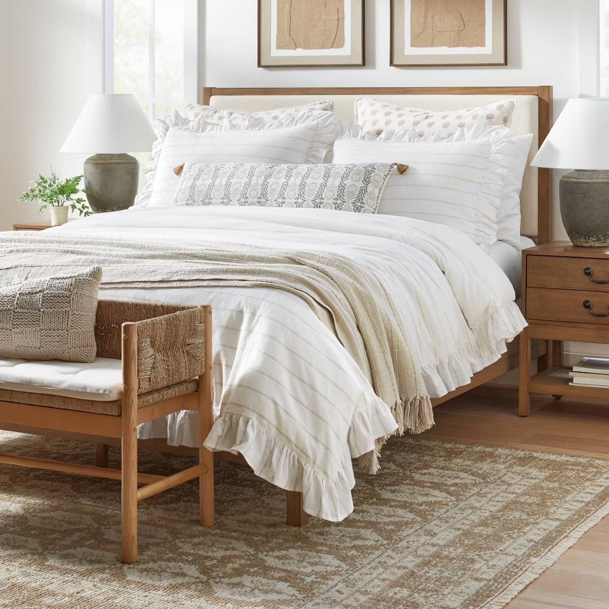 Yarn Dye Stripe with Ruffle Duvet Cover & Sham Set White/Khaki - Threshold™ with Studio McGee | Target