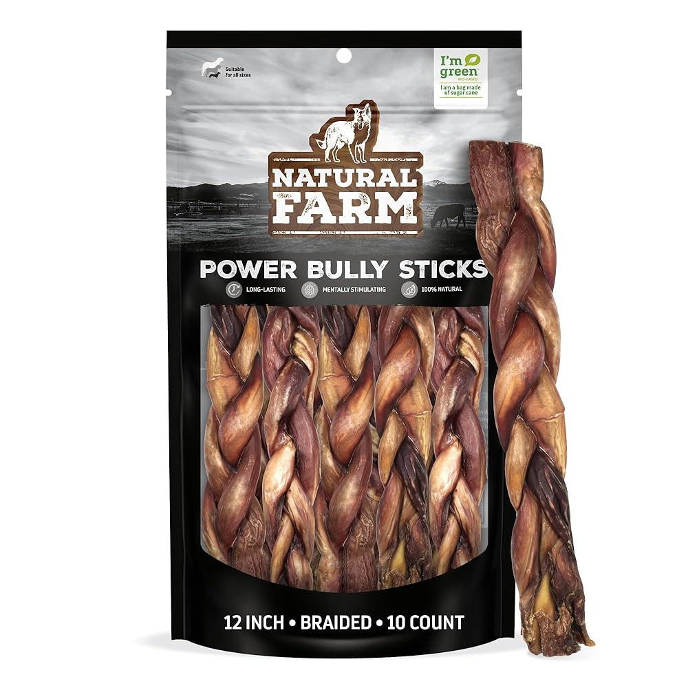 Natural Farm Braided Power Bully Sticks Dog Chews (12”, 10-Pack), 2-in-1 Power Chews: Premium B... | Amazon (US)