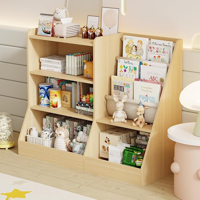 39" Large Kids Wooden Bookshelf and Toy Storage Organizer, Baby Bookcase with Sling Book Rack, Ch... | Amazon (US)
