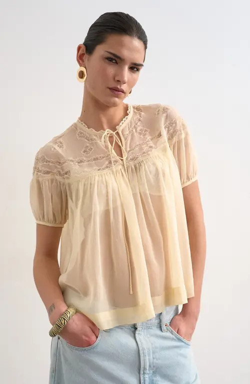 Topshop Sheer Tie Neck Lace Trim Top in Ivory at Nordstrom, Size 8 | Nordstrom