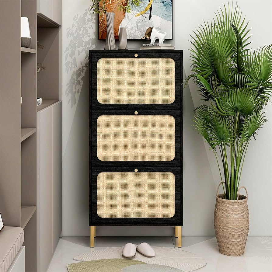 ZeHuoGe Natural Rattan Shoe Cabinet with 3 Flip Drawers, Black Narrow Shoe Rack Storage Cabinet w... | Amazon (US)