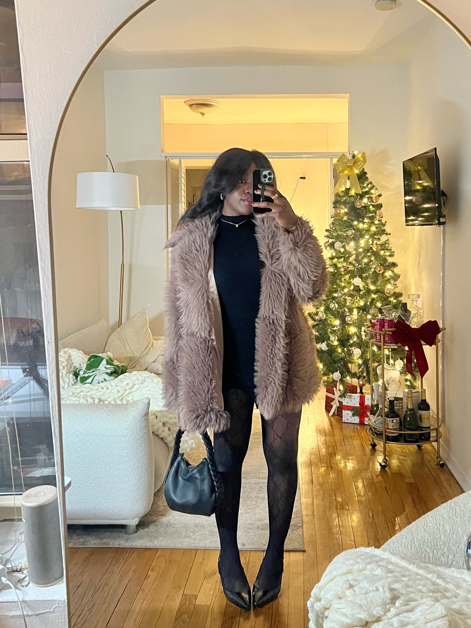 Winter outfit, winter coat, winter outfits, fur coat, sweater dress, tights, sling back heels, dinner outfit, Christmas outfit 

#LTKHoliday #LTKfindsunder100 #LTKsalealert