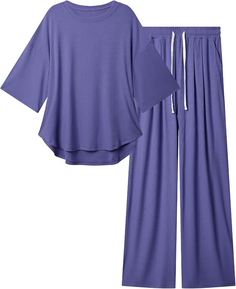 difficort Womens 2 Piece Outfits Short Sleeve Lounge Sets Wide Leg Workout Sets Loungewear Tracks... | Amazon (US)