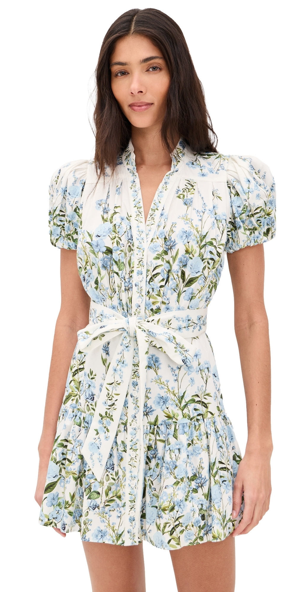 ALICE + OLIVIA Cora Short Sleeve Tiered Mini Shirt Dress Fresh Air Carolina Blue S | Shopbop