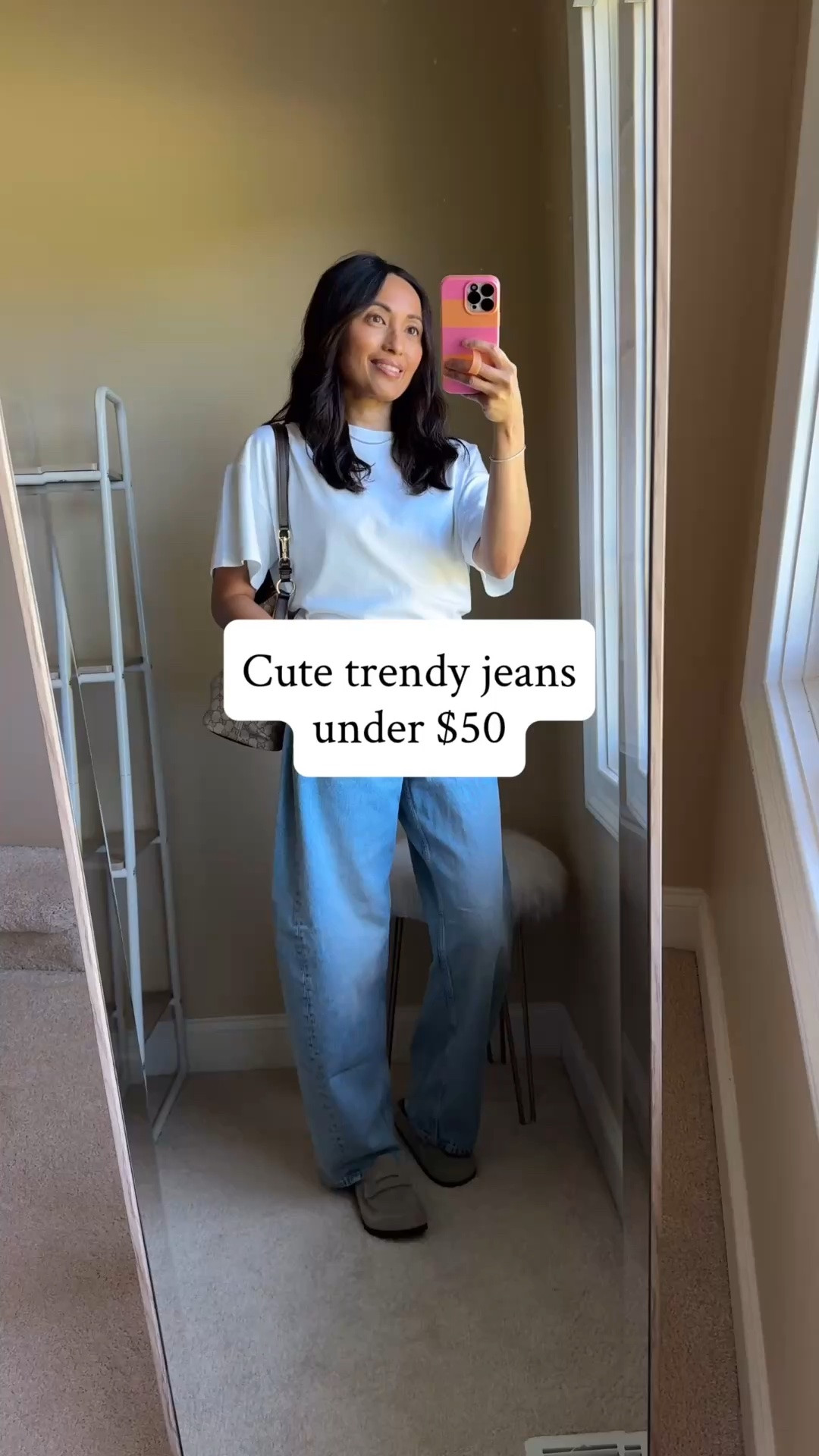 Budget friendly trendy jeans. Regular price under $50 and currently on sale for $30. These jeans are so cute. Like a relaxed barrel jeans cut. I was looking at designer versions in spring of this arc style, but didn’t want to invest in the trend. I sized down and took regular length. 
Top true to size. Elevated t-shirt in all cotton.

#LTKOver40 #LTKootd