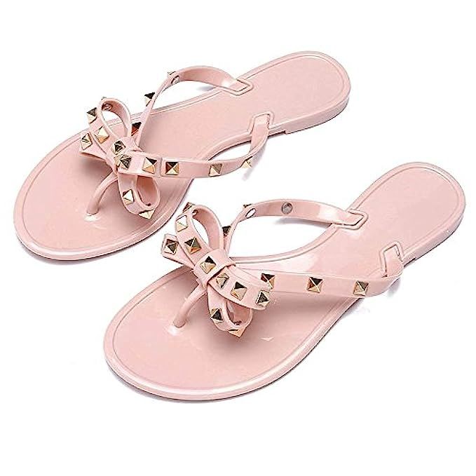 Utop Women's Rivets Bowtie Flip Flops Jelly Thong Sandal Summer Beach Rain Shoes | Amazon (US)