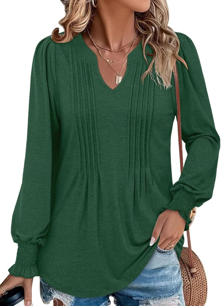 BETTE BOUTIK Long Sleeve Shirts for Women Fall Tops Dressy Blouses Pleated V Neck Tunic Tops for ... | Amazon (US)