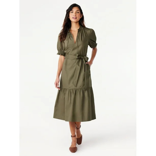Free Assembly Women's Ruffle Neck Belted Midi Dress with Short Sleeves, Size XS-XXL | Walmart (US)