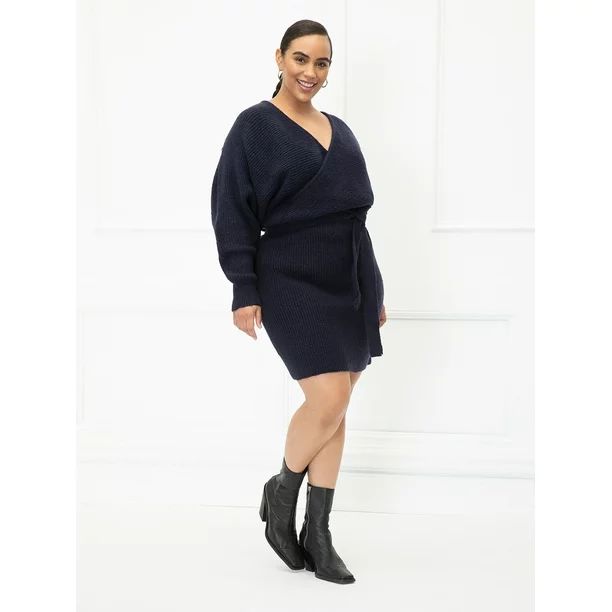 ELOQUII Elements Women's Plus Size Dolman Sleeve Tie-Waist Sweater Dress | Walmart (US)
