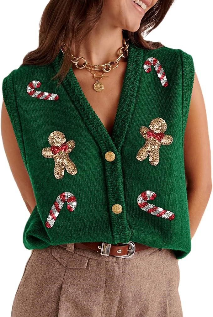 Women Christmas Sweater Vests Santa Claus Print Sleeveless Knit Cardigan Vest Christmas Holiday T... | Amazon (US)