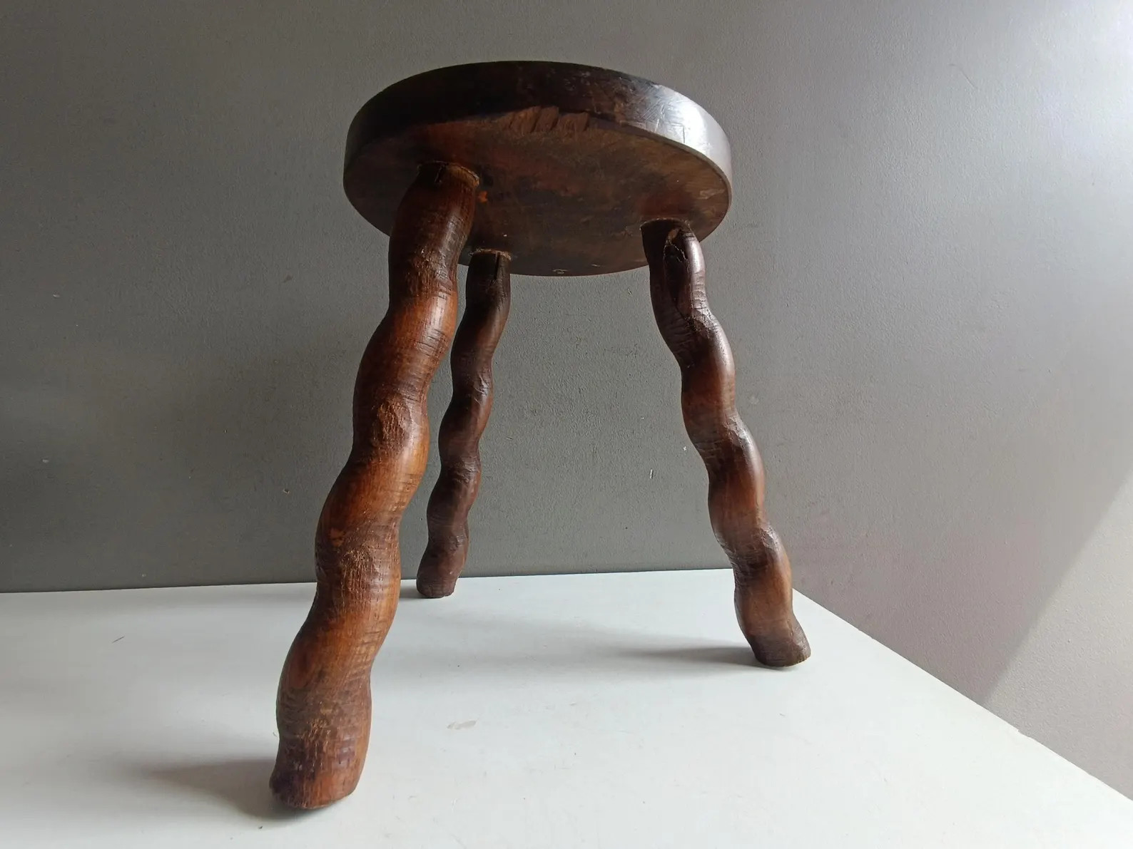 French Vintage Turned Twisted Wood Stool Farmhouse Mid Century Brutalist / Screw Spiral Tripod Ru... | Etsy (US)