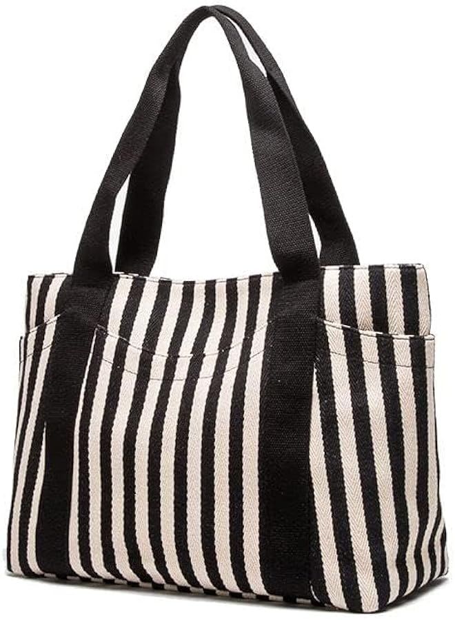 Striped Tote Handbag Classic Black White Print Street Daily Bag with 7 Pockets Gifts for Women | Amazon (US)