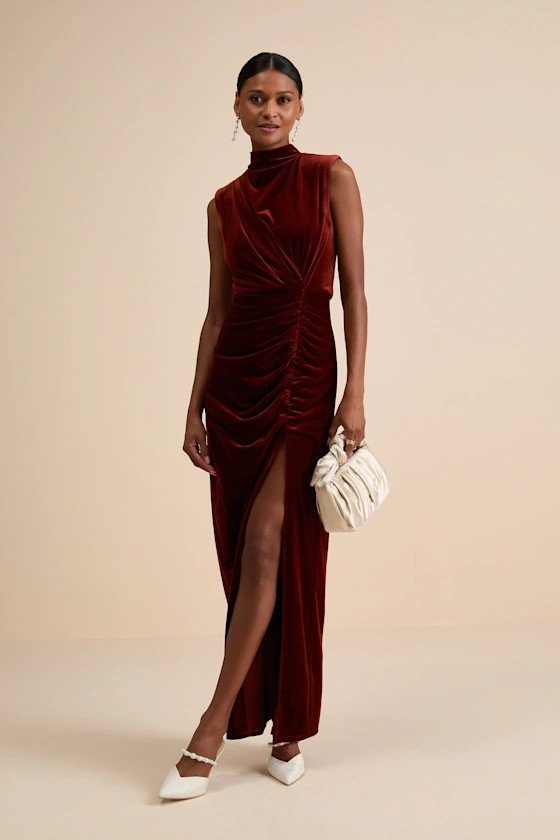 Alluring Image Rust Red Ruched Velvet Mock Neck Maxi Dress | Lulus