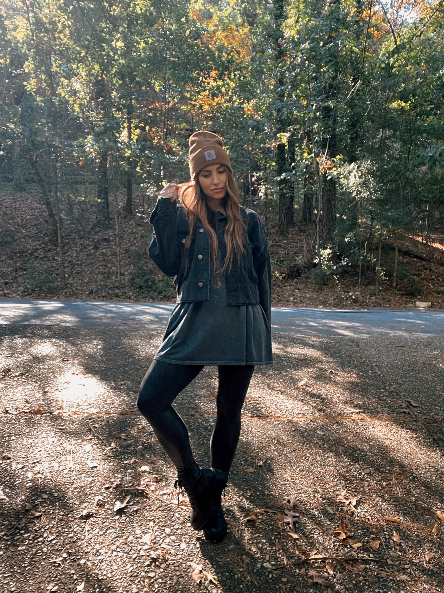 Oversized tee, spanx faux leather leggings, combat boots, beanie, denim jacket

#LTKSeasonal #LTKHalloween #LTKstyletip