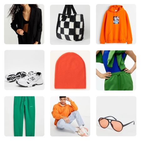 Orange Green. Fashion Blogger Girl by Style Blog Heartfelt Hunt. Girl with blond hair wearing an orange beanie, orange sunglasses, oversized blazer, graphic T-shirt, green sweatpants, floral faux fur bag and New Balance sneakers. #colorfuloutfit #colorfulstyle #colorfulfashion #colorfullooks #fashionfun #cutefalloutfit #fallfashion2022 #falllookbook #fitcheck #dailylooks #dailylookbook