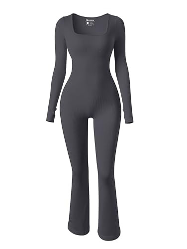 OQQ Women Yoga Jumpsuits Ribbed Exercise Long Sleeve Tops Bell Bottoms Jumpsuits Darkgrey | Amazon (US)