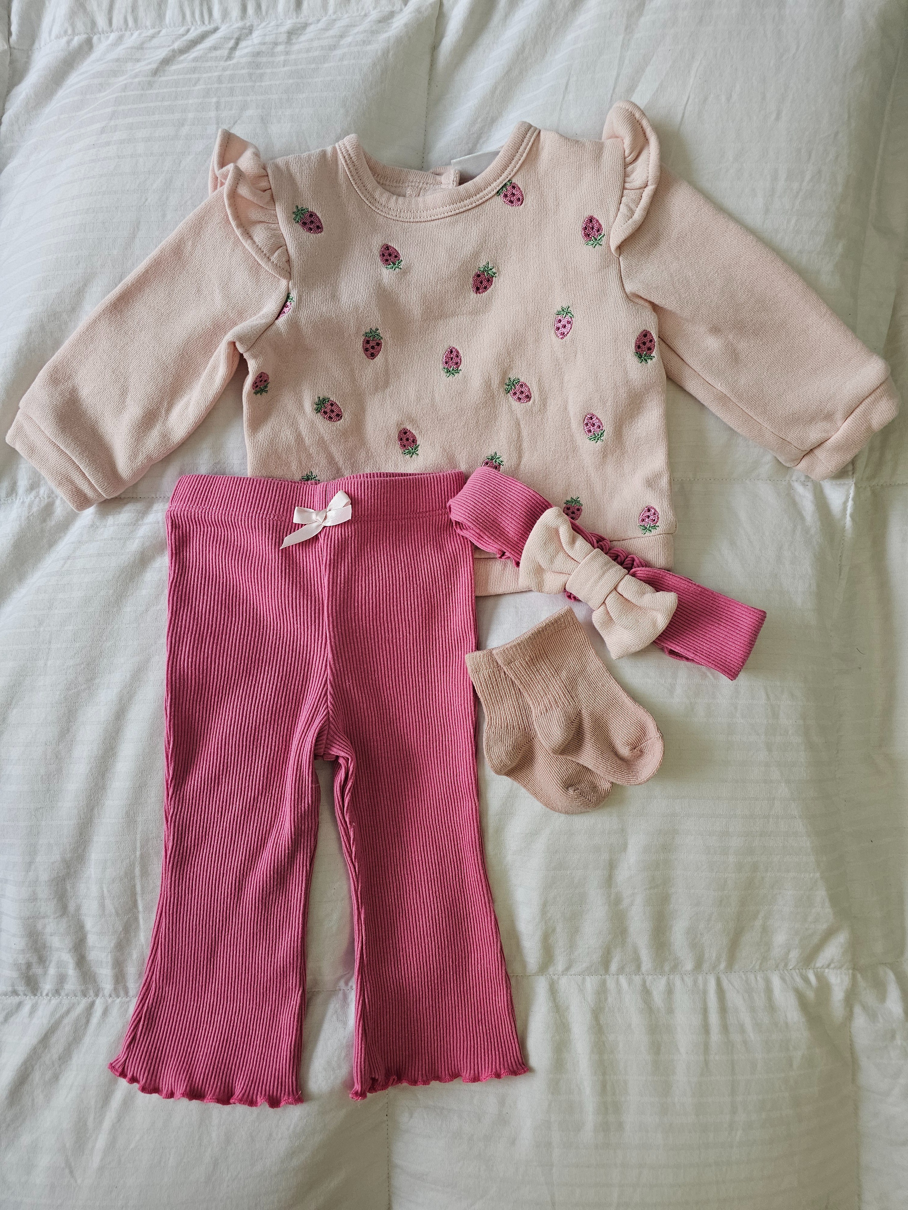 Baby strawberry pink sweatshirt, baby pink flare ribbed pants, pink ribbed headband bow, baby ankle socks 

#LTKgrwm #LTKootd #LTKBaby