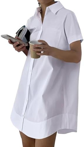 Rooscier Women's Casual Shirt Dress Collar V Neck Button Down Short Sleeve Summer Mini Dresses | Amazon (US)