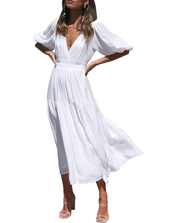 Lucrosun Women's Summer V Neck Short Puff Sleeve A Line Tiered Midi Dress | Amazon (US)
