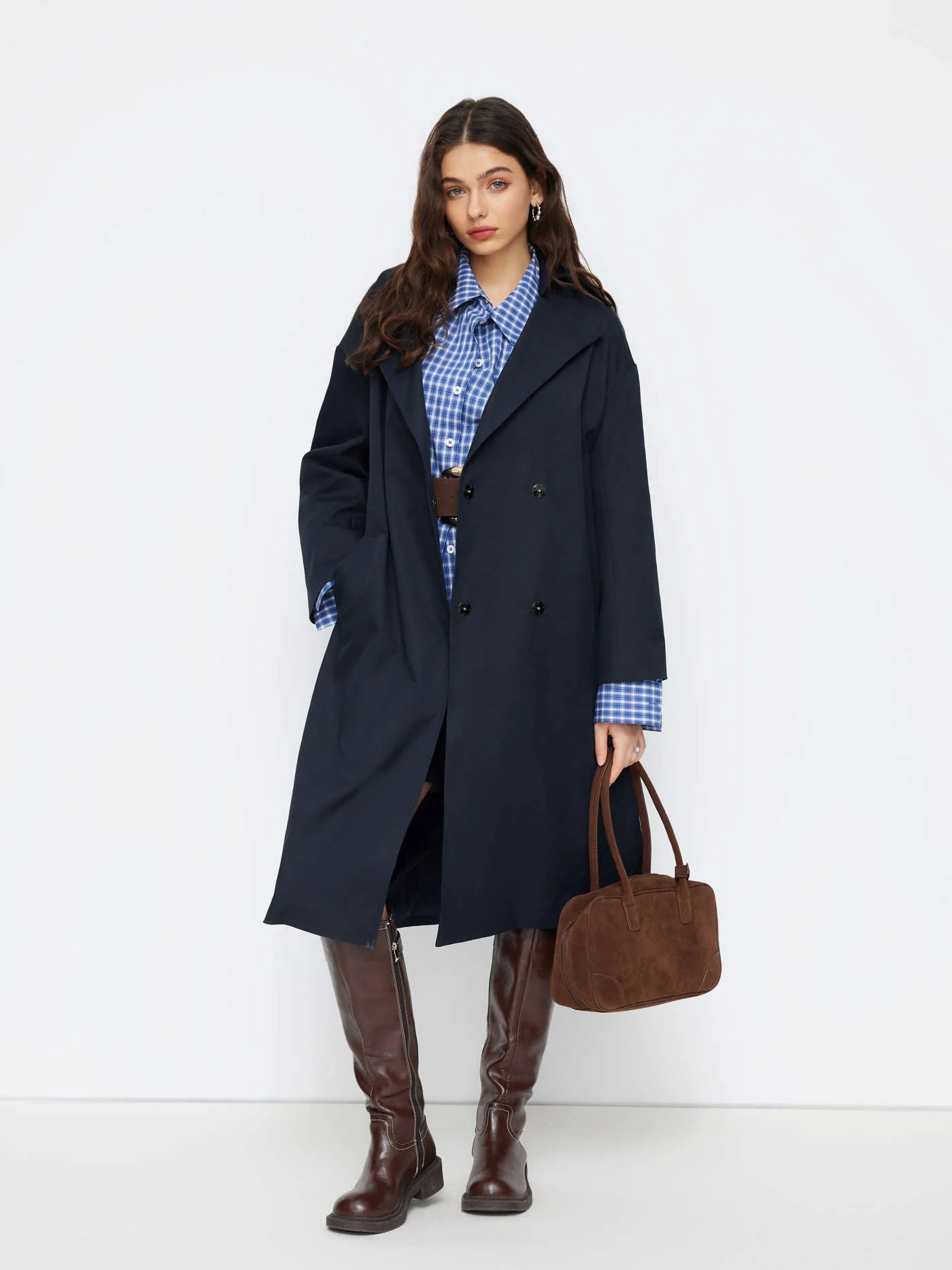 Woven Collar Long Sleeve Wrap Oversized Longline Trench Coat With Belt For Work | Cider