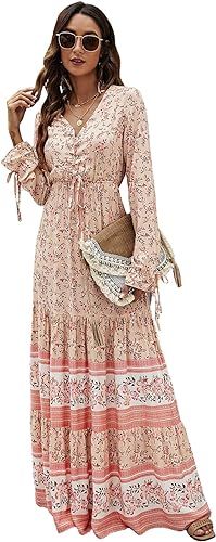 Floerns Women's Floral Print Boho V Neck Long Sleeve Flowy Maxi Dress | Amazon (US)
