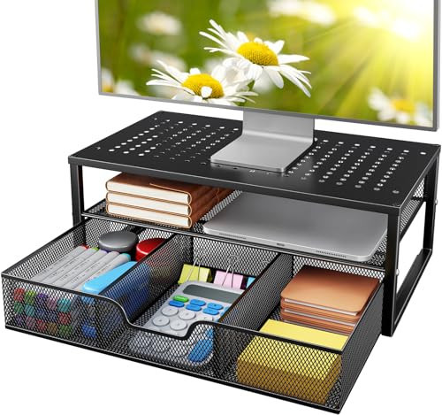 HUANUO 2 Tier Monitor Stand, Metal Monitor Riser with Storage, Computer Desk Organizer with Drawer for Laptop, Computer, PC, Black | Amazon (US)
