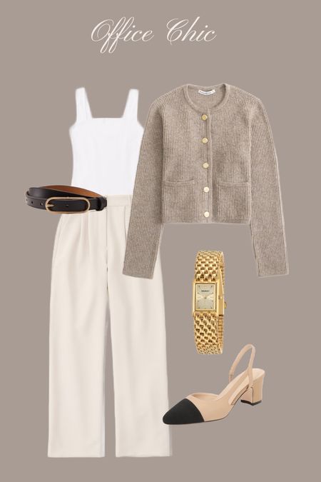 Classy outfit for the office - square neck bodysuit, cream trousers, retro sling back pumps, gold watch and sweater cardigan 

#LTKstyletip #LTKworkwear