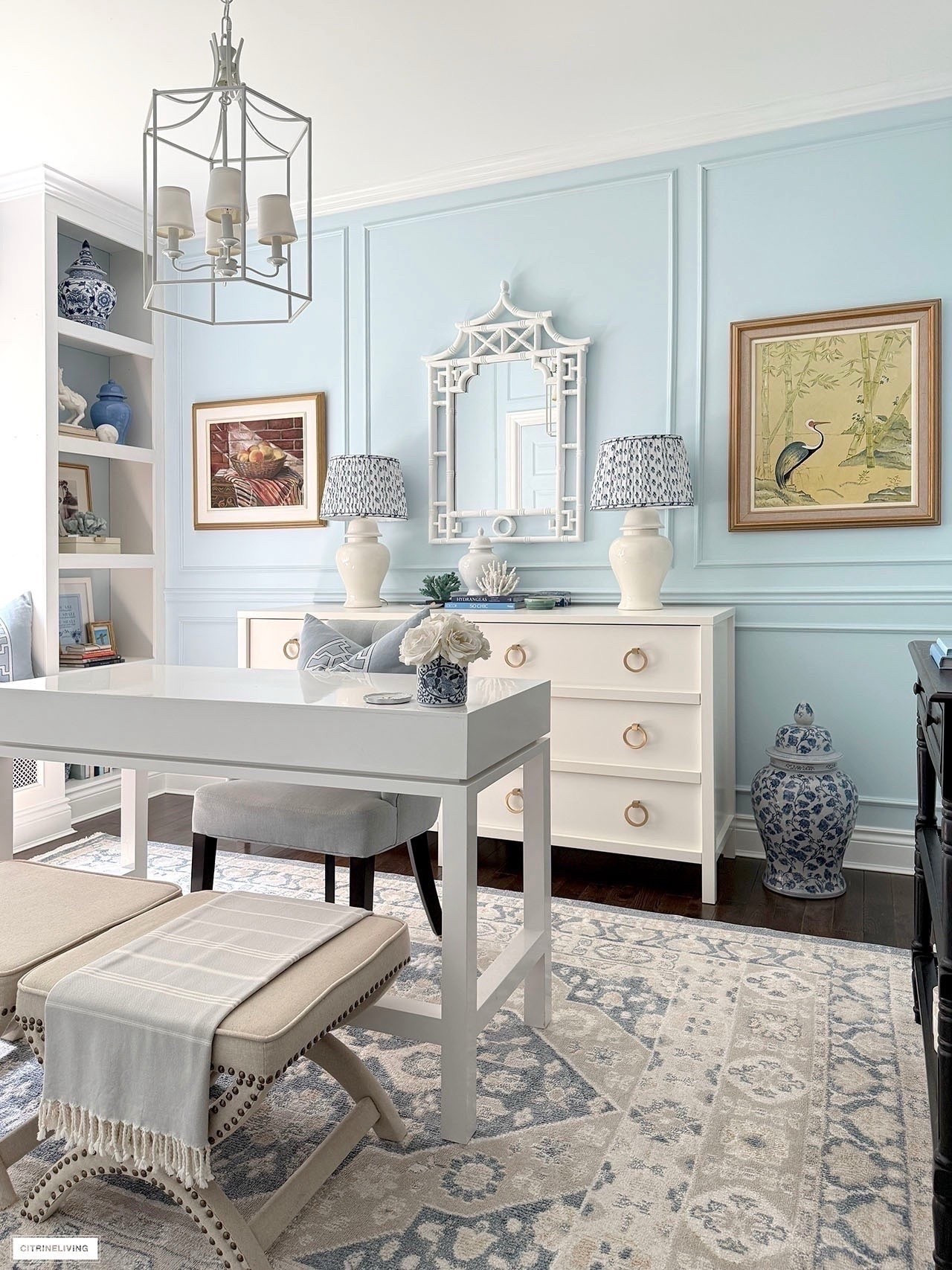 Chic layered home office! A beautiful rug, colorful art, pops of pattern💙  

Home office, home decor, home finds

#LTKSeasonal #LTKHome
