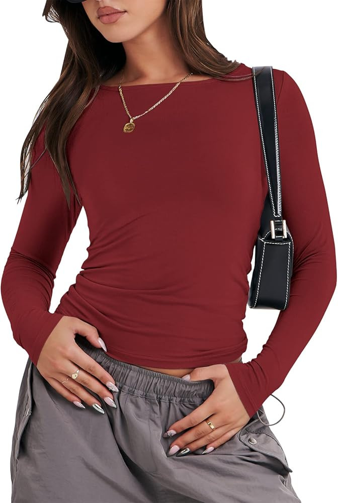 ANRABESS Women’s Long Sleeve Shirts Tight Fitted Going Out Crop Tops Crewneck Basic Tee Y2k Out... | Amazon (US)