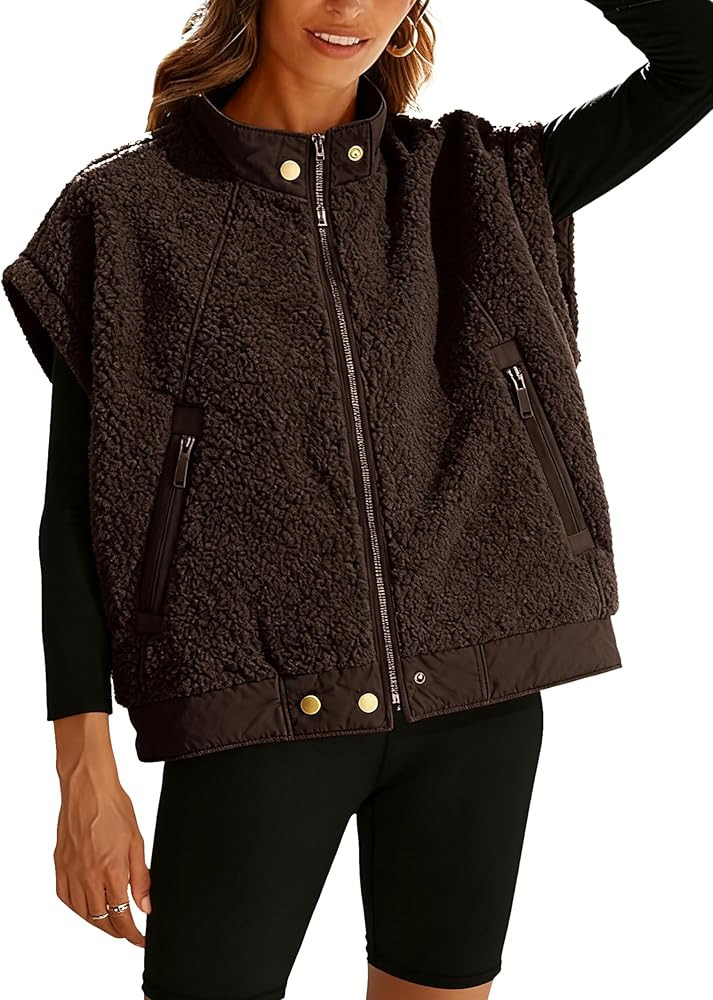 Huaqiao Women's Fuzzy Fleece Vest Oversized Sleeveless Sherpa Jacket Warm Button Down Gilet Outer... | Amazon (US)