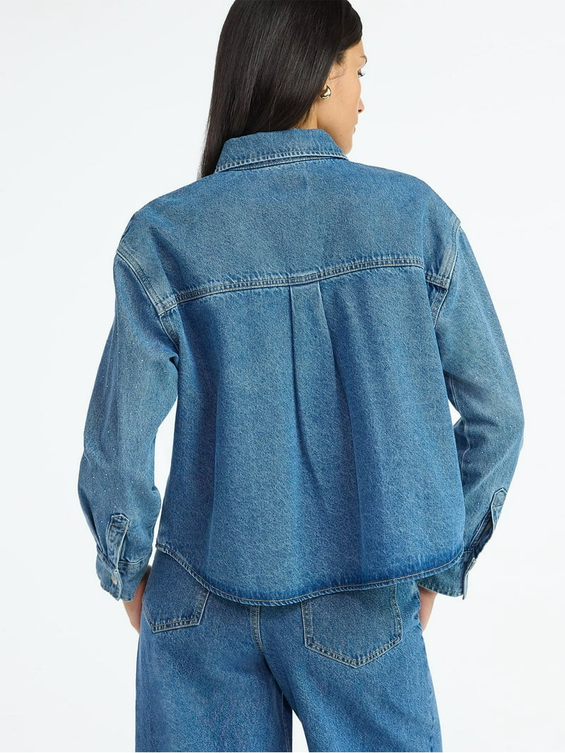 Scoop Women’s Rhinestone Embellished Cotton Denim Shirt with Long Sleeves, Sizes XS-XXL | Walmart (US)