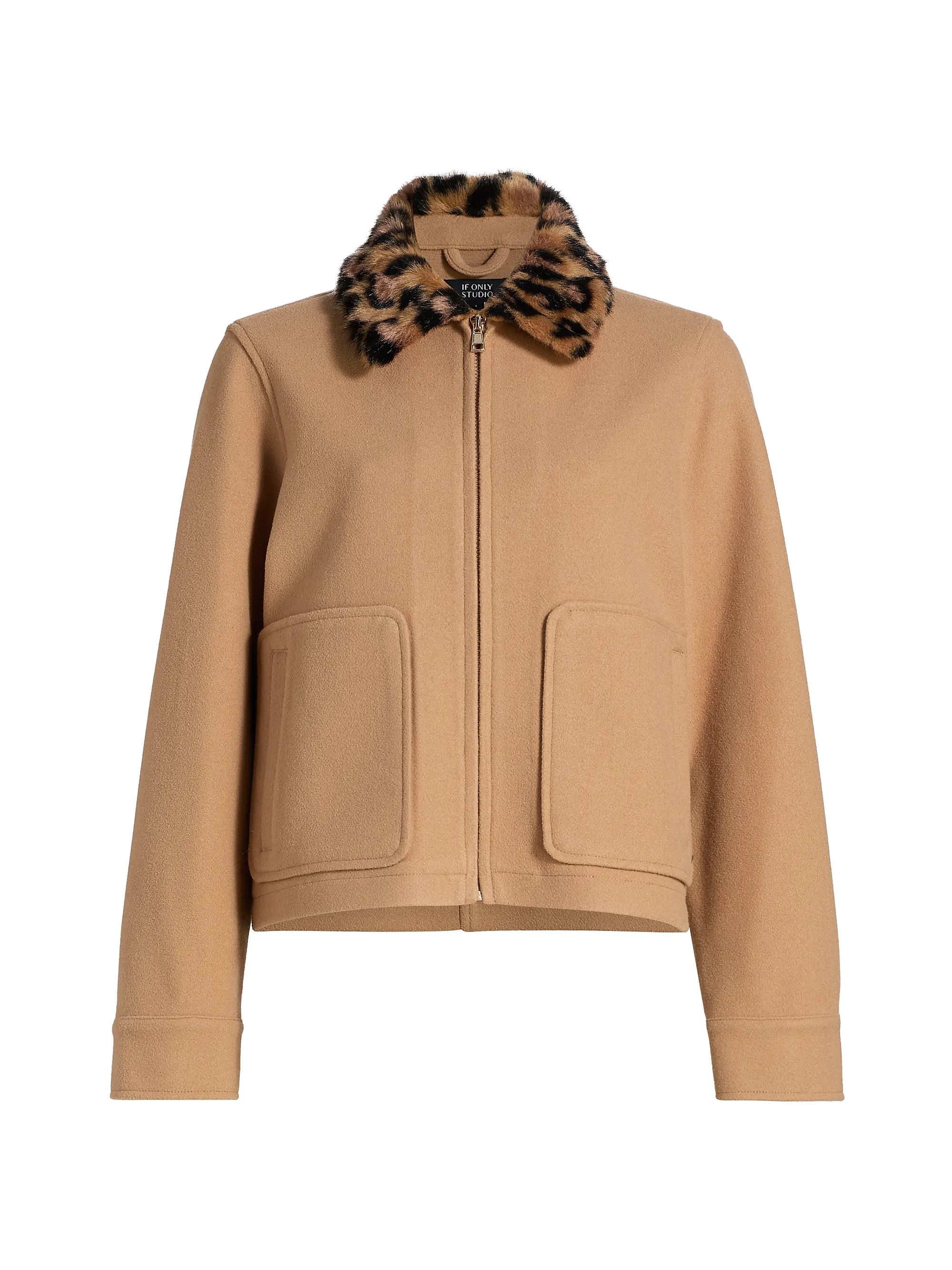 If Only Studio Leopard-Print Collar Faux-Wool Jacket | Saks Fifth Avenue | Saks Fifth Avenue
