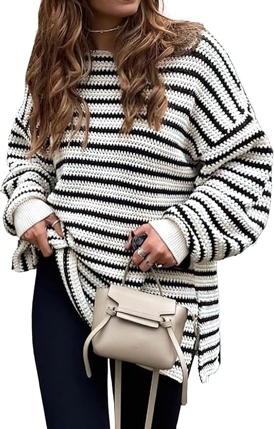 KIRUNDO 2022 Fall Winter Women's Oversized Long Sleeve Striped Sweater Casual Crewneck Side Split... | Amazon (US)